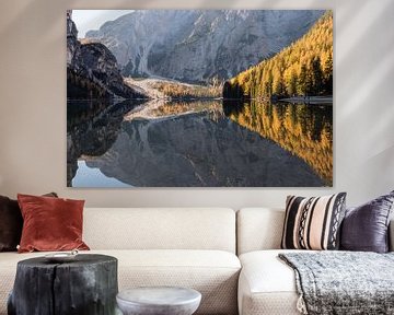 Herbst-Holz Reflexion - Pragser Wildsee, Dolomiten, Italien