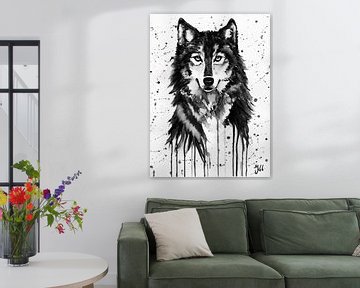 Wolf aquarel zwart/wit van Bianca ter Riet