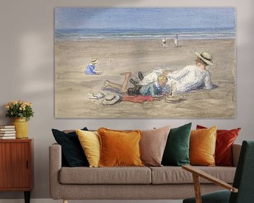 Rustend kindermeisje met twee kinderen op het strand, Johan Antonie de Jonge