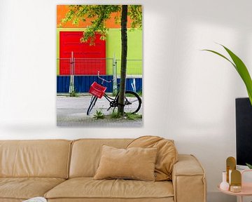 Bicycle against tree with red, green, orange and blue in Amsterdam by Paul van Putten