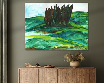 Toscaans  landschap met cipressen geschilder met aquarel