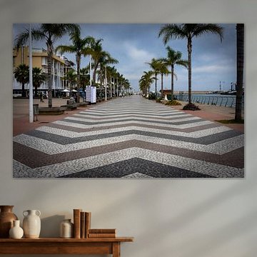 Perspective of a promenade with geometrical pavement and palm trees on a cloudy day