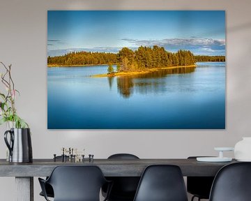 Landschap met rivier en naaldwouden in de namiddagzon