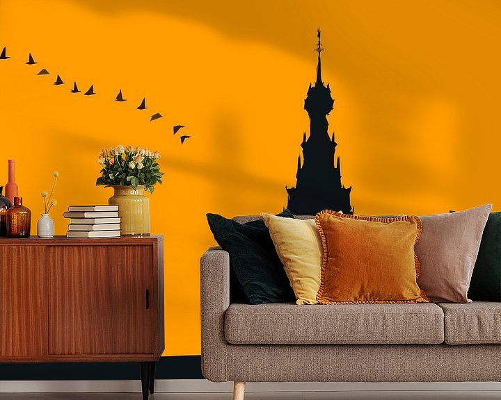 Sfeerimpressie behang: Nijmegen in avond oranje, met vlucht ganzen van Maerten Prins