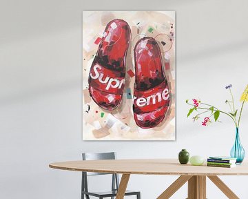 Supreme slippers schilderij van Jos Hoppenbrouwers