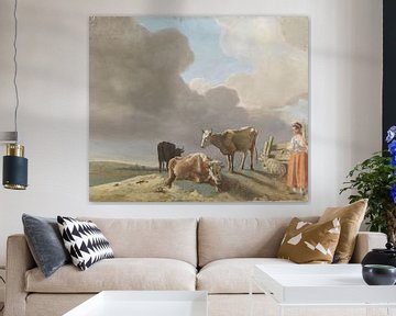 Landschap met koeien, schapen en herderin, Jean-Etienne Liotard