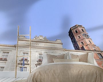 foto van het gemeentehuis - stadhuis - belfort van Menen met blauwe lucht , West-Vlaanderen , Belgie