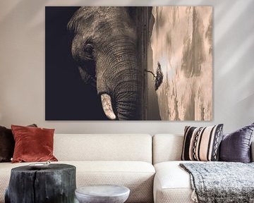 Duistere olifant (double exposure) Zwart wit - Olifanten - Afrika van Designer