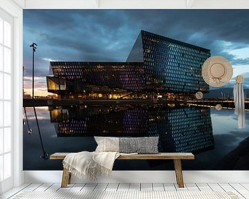 Harpa met zijn reflectie in de haven van Reykjavik