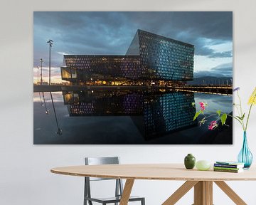 Harpa mit seinem Spiegelbild im Hafen von Reykjavik