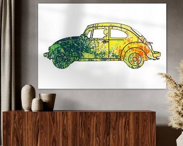 Découpe Volkswagen Coccinelle avec motif d'éclaboussures de peinture vert jaune sur Jan-Loek Siskens