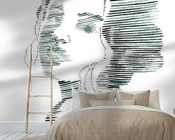 Faded love (watercolor painting portrait woman line drawing line art green stripes lines beautiful) by Natalie Bruns