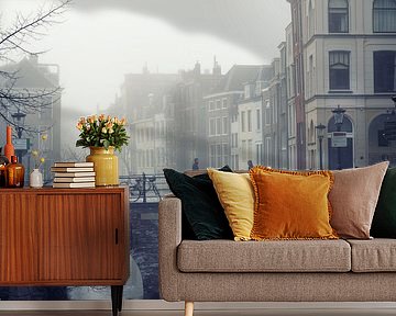 Pedestrians on the Maartensbrug in a foggy Utrecht by André Blom Fotografie Utrecht