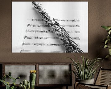 Transverse flute and sheet music, in black and white by Gert Hilbink