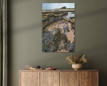 Landschap aan de kust in Oost Engeland met in de achtergrond kasteel Bamburgh