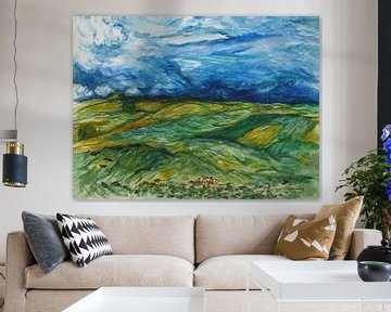 Champs de blé avec un ciel d'orage. Inspiré par Gogh. sur Ineke de Rijk