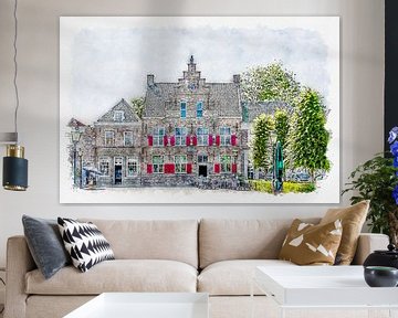 Hotel Het Raedthuys in Sint-Maartensdijk (Tholen) (aquarel) van Art by Jeronimo