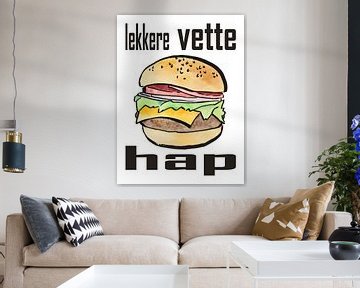 Lekkere vette hap (realistisch aquarel schilderij vlees voedsel kaas brood snackbar fastfood lekker)