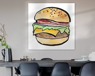 Broodje hamburger (realistisch aquarel schilderij vlees voedsel kaas brood snackbar fastfood lekker) van Natalie Bruns