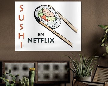 Sushi en netflix (realistisch aquarel schilderij rijst zeewier lekker gezond eten voedsel) van Natalie Bruns