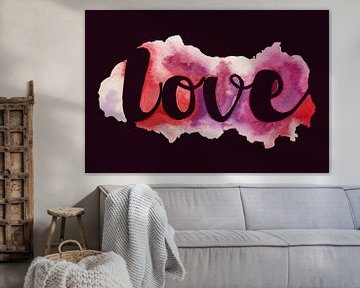Love (cheerful abstract watercolor painting Valentine typography love heart love pink purple)