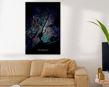 New York City - Abstrakte Karte in Schwarz-Violett-Blau von Art By Dominic