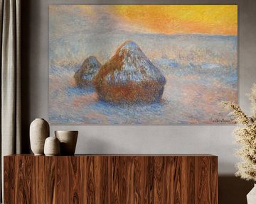 Stapels tarwe (zonsondergang, sneeuw effect), Claude Monet