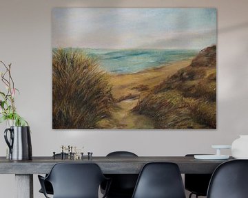 Dunes, plage et mer aux Pays-Bas (crayon pastel dessiné à la main) sur Ineke de Rijk