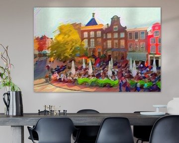 Kleurrijk Schilderij van Groningen Drie Gezusters op de Grote Markt in de stijl van Kandinsky van Slimme Kunst.nl