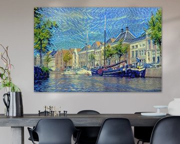 Schilderij Groningen Hoge Der Aa vanaf Water van Slimme Kunst.nl