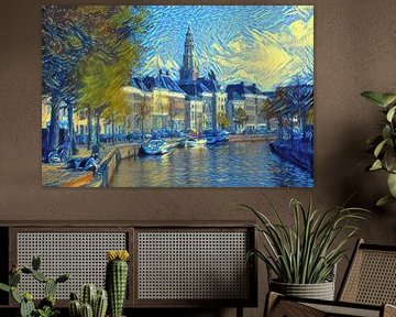 Stijlvol Kunstwerk van Groningen: Hoge Der Aa te Groningen in de stijl van Van Gogh van Slimme Kunst.nl