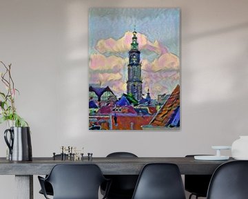 Vrolijk schilderij van de Martinitoren: de skyline van Groningen