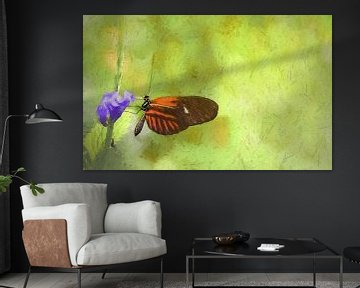 Mooie vlinder op paarse bloem, oliepastel van Rietje Bulthuis