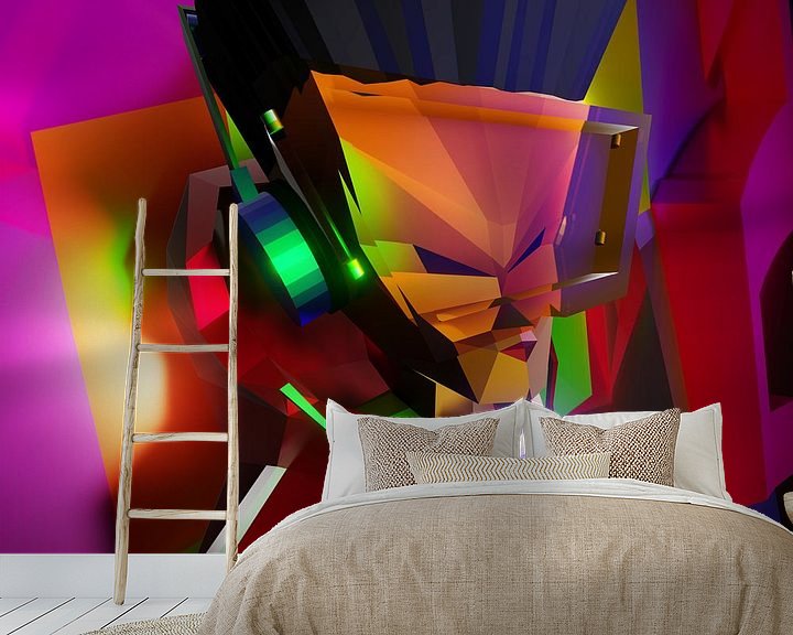Sfeerimpressie behang: Moderne Graffiti "Breakdance Hiphop" figuur in een heel abstracte stijl van Pat Bloom - Moderne 3D, abstracte kubistische en futurisme kunst