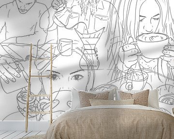 The lovers of coffee (portrait woman man line art line drawing cappuccino espresso lungo hot)) by Natalie Bruns