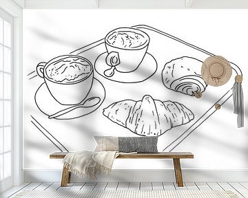 Coffee and croissants (line art line drawing cappuccino kitchen coffee breakfast sandwiches coffee t by Natalie Bruns