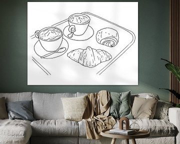 Koffie en croissants (line art lijntekening cappuccino keuken koffie ontbijt broodjes koffietijd) van Natalie Bruns