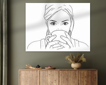 Ontspannen met een kop koffie of thee (line art lijntekening cappuccino keuken portret vrouw koffie) van Natalie Bruns