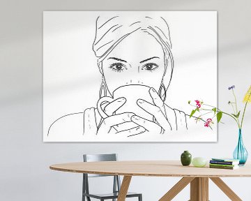 Ontspannen met een kop koffie of thee (line art lijntekening cappuccino keuken portret vrouw koffie) van Natalie Bruns
