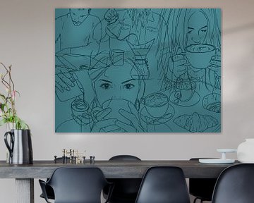 Les buveurs de café (portrait femme homme ligne art ligne dessin cappuccino espresso bar restaurant  sur Natalie Bruns