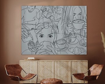 Geen dag zonder een bakkie koffie (portret vrouw man line art lijntekening cappuccino keuken lungo) van Natalie Bruns