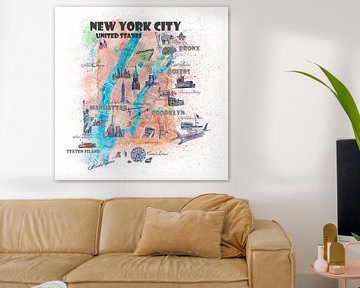 Geïllustreerde kaart van New York City met hoofdstraten, bezienswaardigheden en hoogtepunten van Markus Bleichner