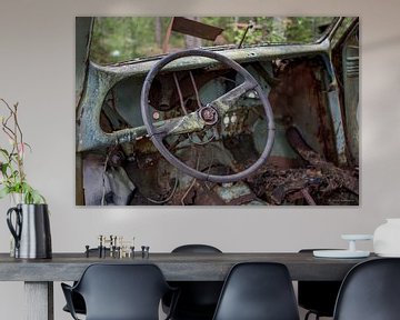 Steer in car at cemetery in forest in Ryd, Sweden by Joost Adriaanse