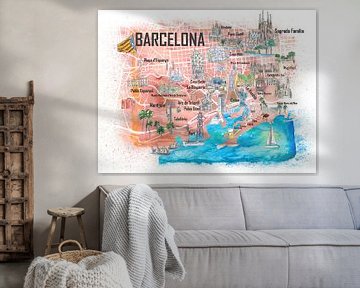 Barcelona Geïllustreerde reiskaart met de belangrijkste wegen, bezienswaardigheden en hoogtepunten v van Markus Bleichner
