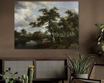 Bosrijk landschap met watermolen, Meindert Hobbema
