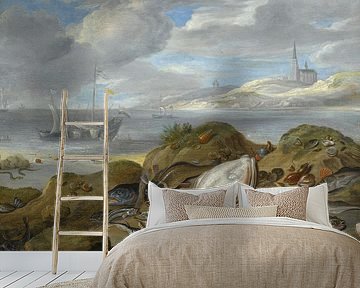 Stilleven met inktvissen, schol, kabeljauw, mosselen en andere vis, Jan van Kessel, met sepia's en a