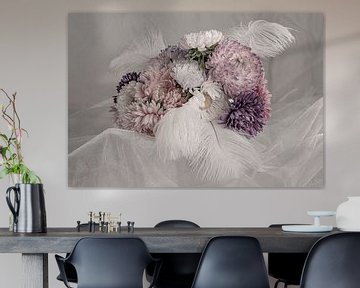 bouquet of pastel coloured asters with feathers by arjan doornbos