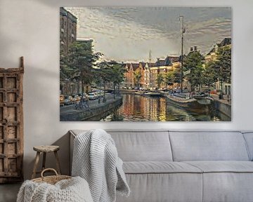 Schilderij van Groningen: Zicht op Hoge Der Aa vanaf Groningse A-brug van Slimme Kunst.nl