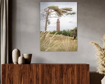 Duitse vuurtoren met glooiende pijnbomen en droog gras tegen een bewolkte lucht. van Hans-Jürgen Janda