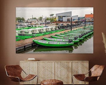 Rental boats in the Old Marina of the Dutch village of Drimmelen